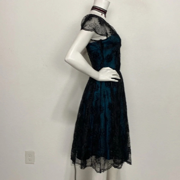Voodoo Vixen NEW Black Teal Embroidered Lace Overlay Witchy Retro Pin Up Dress S - Picture 6 of 15